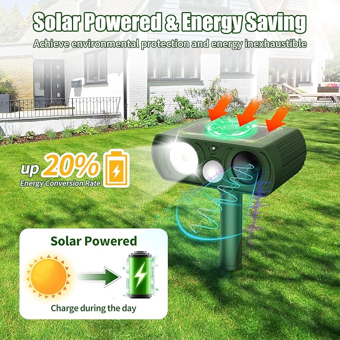 Solar Ultrasonic Animal Repellent, Deer Repellent Devices Waterproof, Cat Repellent Outdoor with Motion Detection Squirrel Skunk Rabbit Dog Raccoon Deterrents Animal Repeller for Yard, 2 Pack