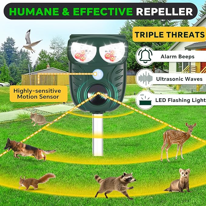 Solar Ultrasonic Animal Repellent Outdoor, Cat Squirrel Raccoon Dog Deer Repellent Device with Motion Detection, IP66 Waterproof Mouse Skunk Rodent Deterrent