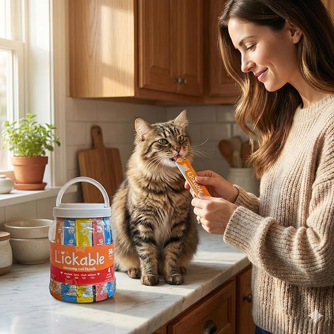 Fieldcrest Farms Lickable Creamy Cat Treats – 50ct Variety Pack – 4 Savory Flavors (Chicken, Tuna, Duck, Salmon) with Taurine – Smooth, Tasty Cat Treat Tubes – Serve by Hand, Dish, or as a Topper