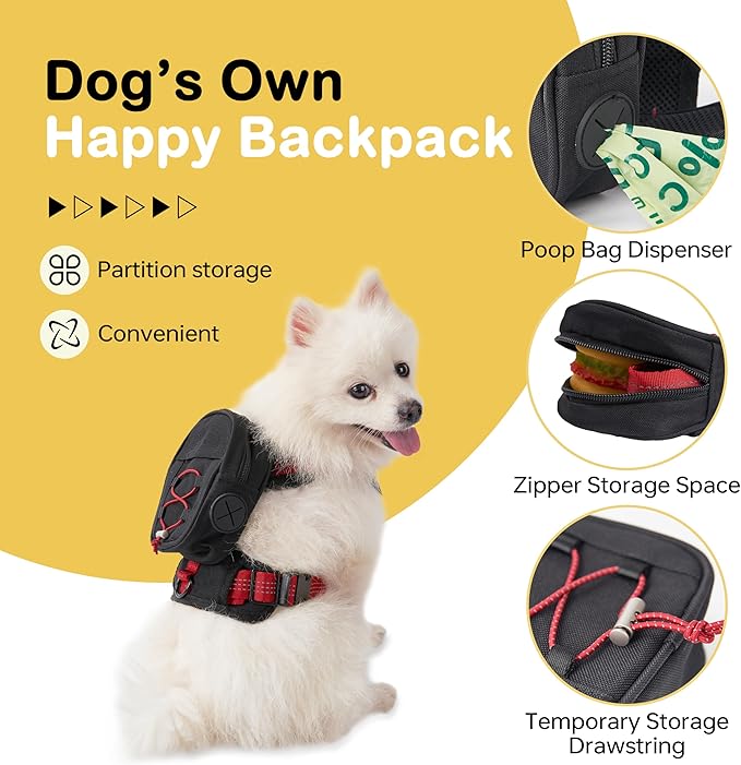 Adjustable Backpack for Small Dogs, Dog Backpack Harness with Reflective Leash, Built in Poop Bag Dispenser, Detachable Dog Back Pack for Outdoor Adventures, Puppy Training, Walking(Black,Large)