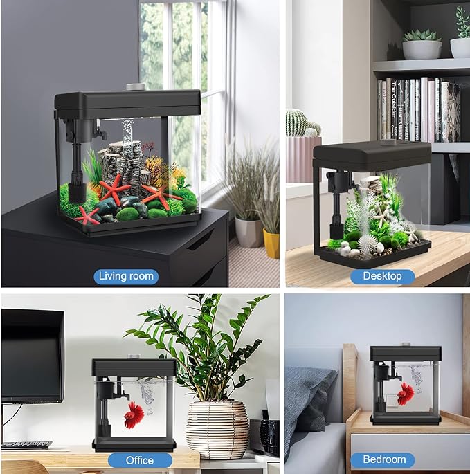 AQQA 1.5 Gallon Aquarium Kits Desktop Small Fish Tank with Filter and Light (8 Colors Adjustable) Freshwater & Saltwater Betta Fish Tank Kit Office & Home Decor (Black)