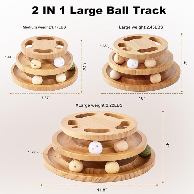 Cat Ball Track Toy with Puzzle Top and DIY Bell, Wooden Cat Toys for Indoor Cats, Interactive Kitty Ball Tower for Kitten Exercise Mental Physical