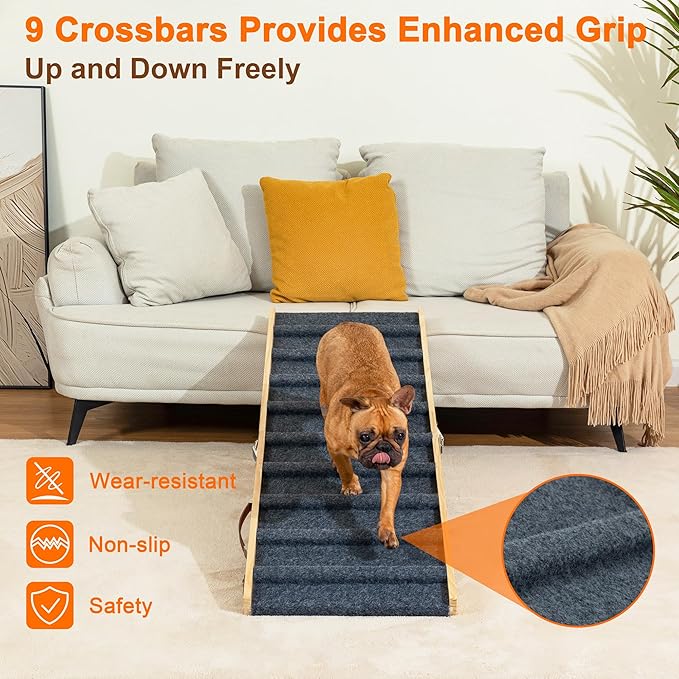 Clikuutory 2025 Upgraded Dog Ramp for Couch, 47.2" Foldable Small Dog Ramp for Bed, 4 Adjustable Height from 14" to 26", Portable Stable Pet Steps with Anti-Slip Carpet for Low Bed Couch Stairs, Wood