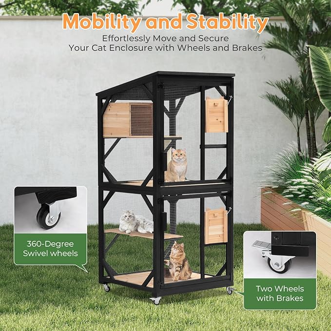 Large Cat House 4 Tiers Outdoor Catio with Removable Platforms Catio Outdoor Enclosure Window Access with Weatherproof Asphalt Roof Indoor Catio with Wheels