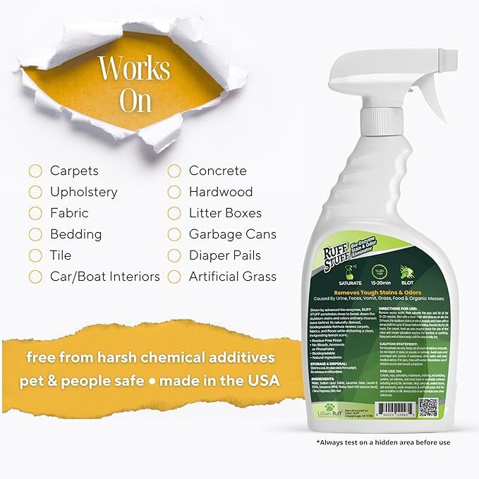 RUFF STUFF Max Strength BioEnzyme Stain Remover Spray & Pet Odor Eliminator: Fabric-Safe Dog & Cat Urine Destroyer & Enzyme Cleaner for Odor & Stain Causing Messes, Spills & Everyday Accidents, 32oz