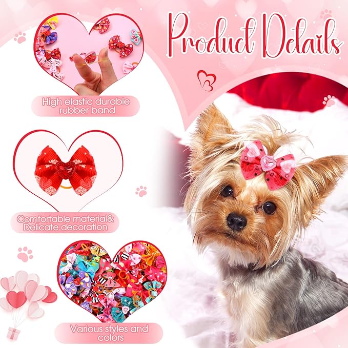 Reginary 300 Pack Dog Bows Grooming Cute Dog Hair Bows Girl with Rubber Bands Small Puppy Bowknots Colorful Hair Accessories for Dogs Puppies Pets Gift (Heart Style)