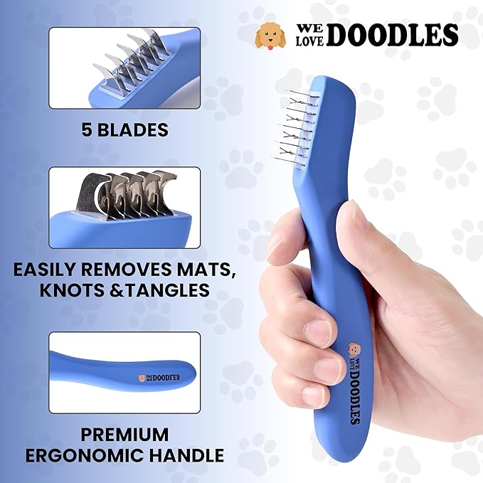 We Love Doodles Dematting Comb for Dogs - Dog Hair Mat Remover, Detangler Comb & Deshedding Tool, Removes Tangles, Knots, & Loose Hair, Metal Comb, Ergonomic Handle Family (5 Blades)
