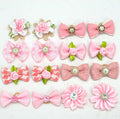 Dog Hair Bows, 16 Pink Pieces with Rhinestones and Pearls, Pet Fashion Accessories