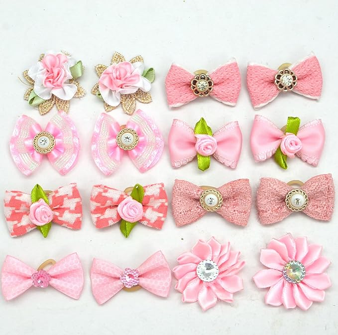 Dog Hair Bows, 16 Pink Pieces with Rhinestones and Pearls, Pet Fashion Accessories