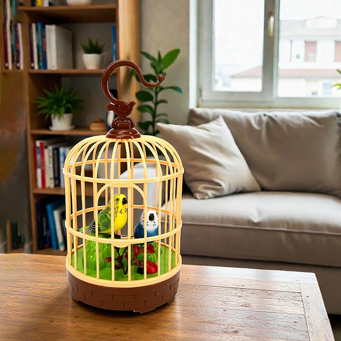 Singing Bird in a Cage Toy, Voice-Activated Induction Birdcage with Talking Chirping Parrot, Realistic Moving Animation, Lifelike Sound, Motion Sensor Music Box, Desk Room Decor (No battery included)