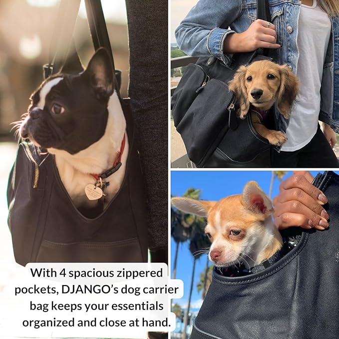 DJANGO Waxed Canvas & Leather Dog Carrier Tote Bag – Premium Soft-Sided Travel Dog Purse with Safety Leash, WR Lining, Zipper Pockets – Everyday Pet Carrier for Small Dogs up to 20 lbs (Black, Large)