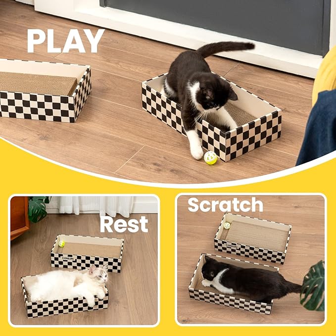 Cat Scratcher Box with 4 Scratching Pads&2 Separate Cardboard Boxes,2-in-1 Cardboard Cat Scratch for Multiple Kitten Interactive Play,Checkered(Ball & Fish Catnip Toy Included)