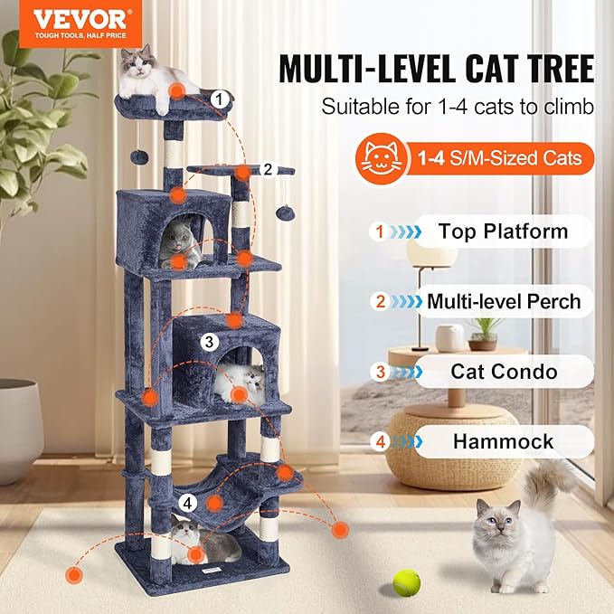 VEVOR Cat Tree for Indoor Cats, 63" Cat Tower with 2 Cat Condos, Sisal Scratching Post, Hammock, Top Perch, Jumping Platforms, Large Cat Furniture Activity Center with Hang Ball, Dark Grey