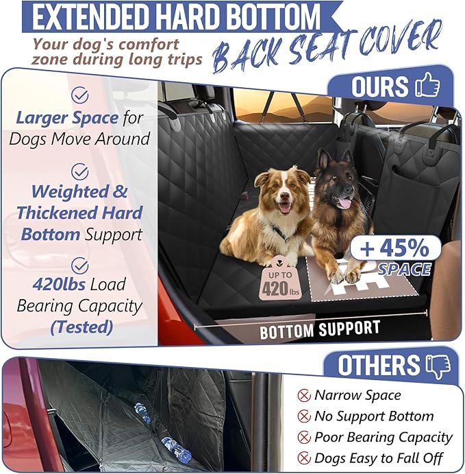 Back Seat Extender for Dogs Truck-Large Space, Dog Pet Seat Cover Back Seat Hard Bottom Holds 420lbs, Waterproof Dog Hammock for Crew Cab Trucks F150, RAM1500, Sierra, Tundra, Silverado