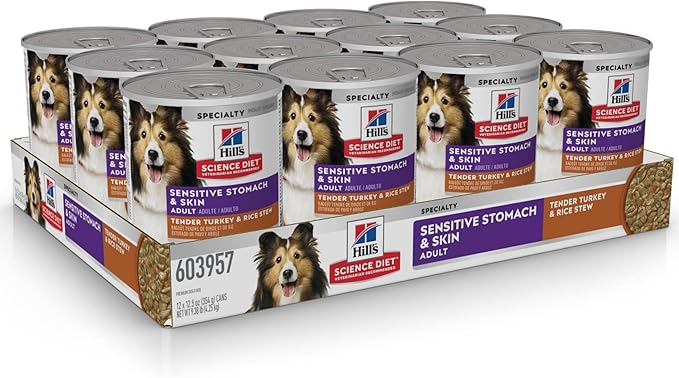 Hill's Science Diet Adult Sensitive Stomach & Skin Wet Dog Food, Turkey & Rice, 12.5 oz. Cans, 12-Pack