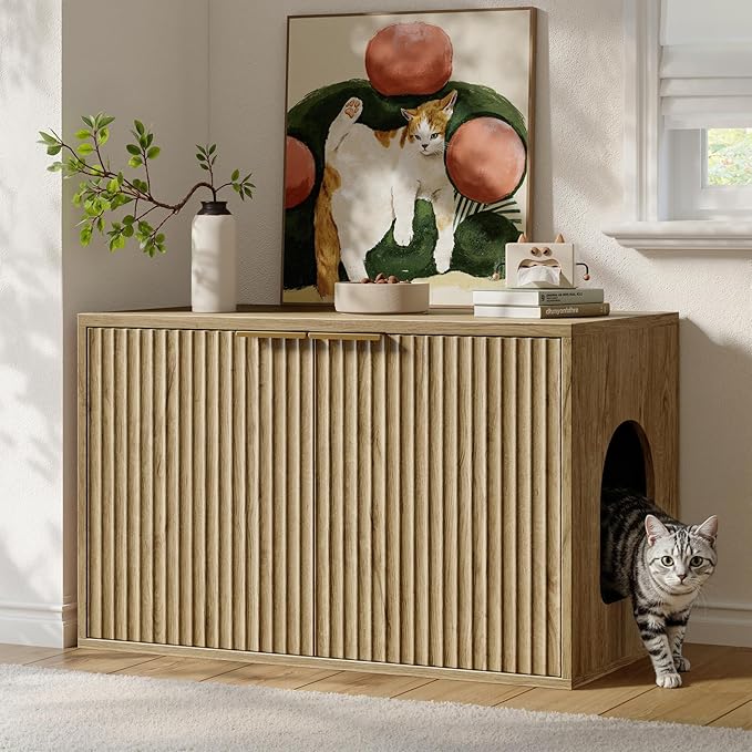 Evermagin 31.5" Oak Cat Litter Box Enclosure Furniture, Large Hidden Litter Box Cabinet, Modern Bohemia Indoor Cat House Kitty End Table for Living Room, Entryway, Bedroom