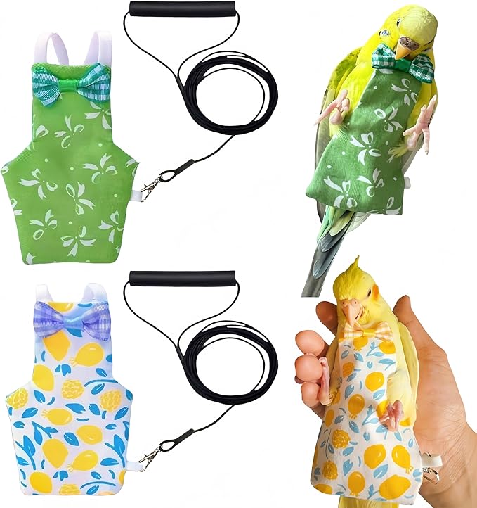 2Pcs Bird Diapers Bird Harness Flight Suits Diapers with 2Pcs 80 Inch Flying Leash Parrot Nappy Pigeon Pants Urine Wet Suit for Cockatiel Conure Macaw Budgies Parakeet-Bowknot&Lemon