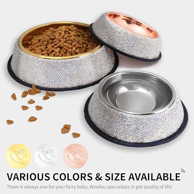 Sparkly Full Rhinestones Designed Gold Plated Stainless Steel Cat Bowl - Stylish and Practical Diamond Food Water Dishes Bowls for Dogs Cats Rabbits