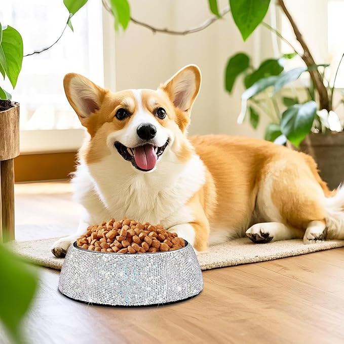 SlowVibes Bling Stainless Steel Dog Bowls,12oz Detachable Rhinestone Metal Food Water Bowl for Feeding Dogs Cats,Rust Resistant Non-Slip Puppy Dish,Sparkle Essentials for Small Medium Large Girl Pets