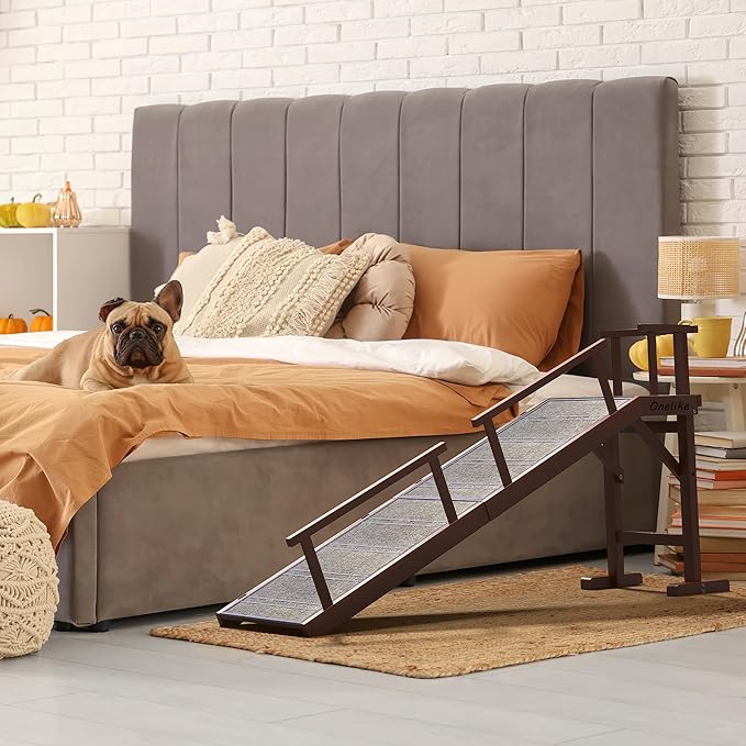 Onelike Wooden Dog Ramp for Bed with Removable Side Rail and Non-Slip Carpet, Stable Pet Ramp Stair for Couch Sofa for Small & Large & Senior Dogs, 74" Long Ramp Brown