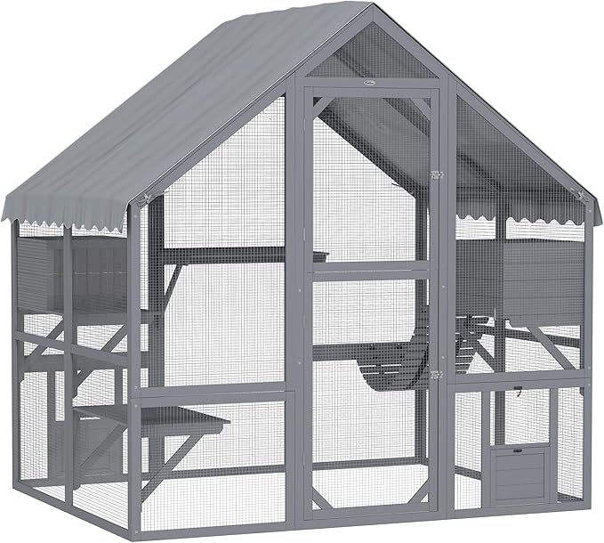 PawHut 73" L Large Catio Outdoor Cat Enclosure for Multiple Kittens, 28 sq.ft Wooden Cat House with Waterproof Cover, Walk in Kitty Cage Kennel with 2 Condos, 4 Platforms, Bridge, Doors, Gray