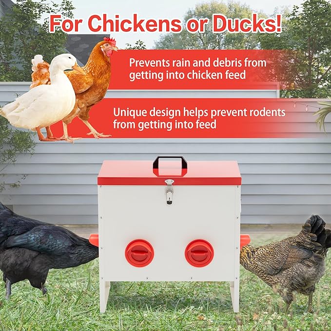Metal Chicken Feeder Large Capacity Automatic, 6-Ports Weather-Resistant & Animal-Proof Poultry Feeder for Chickens, Geese, Ducks, Turkeys, Quails