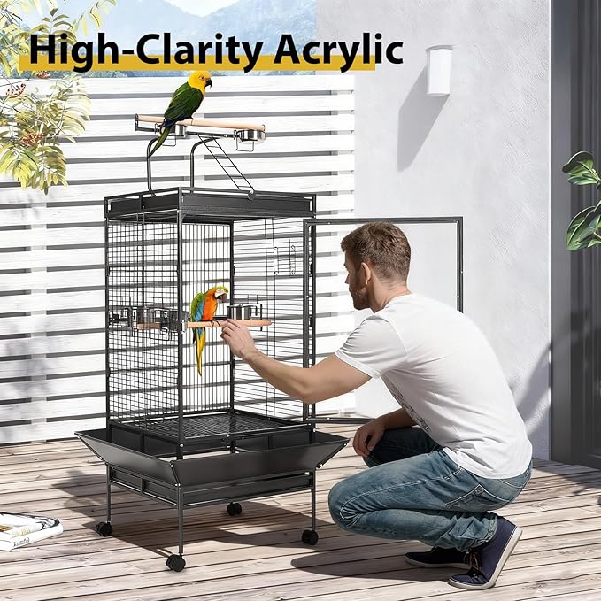 64.4" Tall Large Bird Cage, Metal Parrot Cage with Play Top, Rolling Stand & Bowls - Bird Aviary for Parrots, Conures, Cockatiels, Parakeets, Indoor Outdoor Aviary for Outside Porch Yard Garden