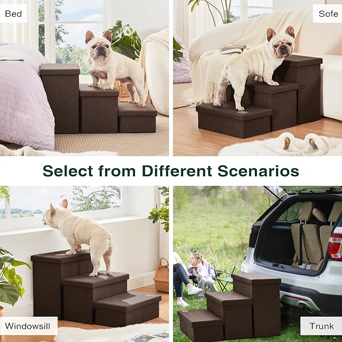 Love's cabin Dog Stairs for High Bed 18" H, Foldable Pet Stairs for Small Medium or Large Dogs Puppy with Storage for Bed or Couch, Cat Dog Steps Ramp with Zip up to 200 lbs, Coffee, 3 Steps