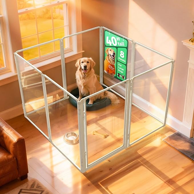 FXW AuraSpace Pro Metal & Acrylic Indoor Dog Playpen, All-Acrylic Clear Heavy-Duty Design, 40" Height 8 Panels for Medium and Large Dogs, White│Patented