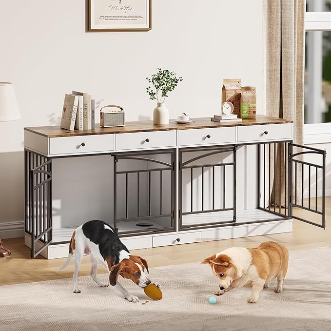 GAOMON Dog Crate Furniture for 2 Dogs, 78.7'' Large Dog Kennel Indoor with 4 Storage Drawers and Feeding Bowls, Double Dog Crate TV Stand for Small and Medium Dogs, White