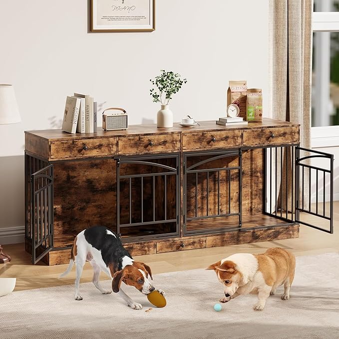 GAOMON Dog Crate Furniture for 2 Dogs, 78.7'' Large Dog Kennel Indoor with 4 Storage Drawers and Feeding Bowls, Double Dog Crate TV Stand for Small and Medium Dogs, Brown