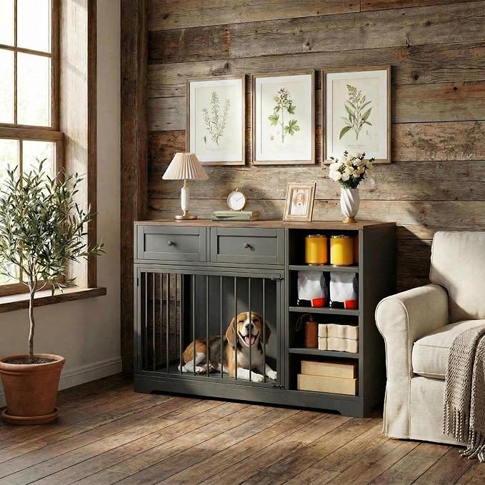 GAOMON 47 Inch Large Dog Crate, Dog Kennel Indoor with 2 Drawers and 4 Shelves, Dog Crate Furniture TV Stand, Wooden Dog Cage for Medium Large Dogs, Decorative Pet House, Black