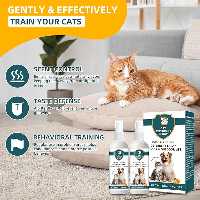 Cat Deterrent Spray - Safe Non-Toxic Anti-Scratch Repellent for Dogs and Kittens, Protects Furniture, Carpets, Curtains, Plants,Indoor and Outdoor Use,Natural Citrus Scent（2 * 100ML）