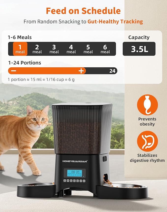 HoneyGuardian Automatic Cat Feeder for 2 Cats, Automatic Cat Food Dispenser, Timed Pet Feeder for Cats and Dogs, Desiccant Bag, Programmable Portion Control,10s Voice Recorder