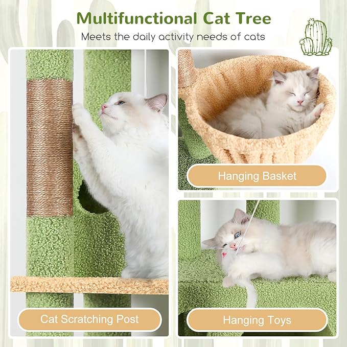 Globlazer Corner Cactus Cat Tree 66 inch Multi-Level Cactus Climbing Tower Kitty Condos Cat Scratching Tower for Indoor Multiple Cats with Large Platform, 3 Cat Caves, F66, Green