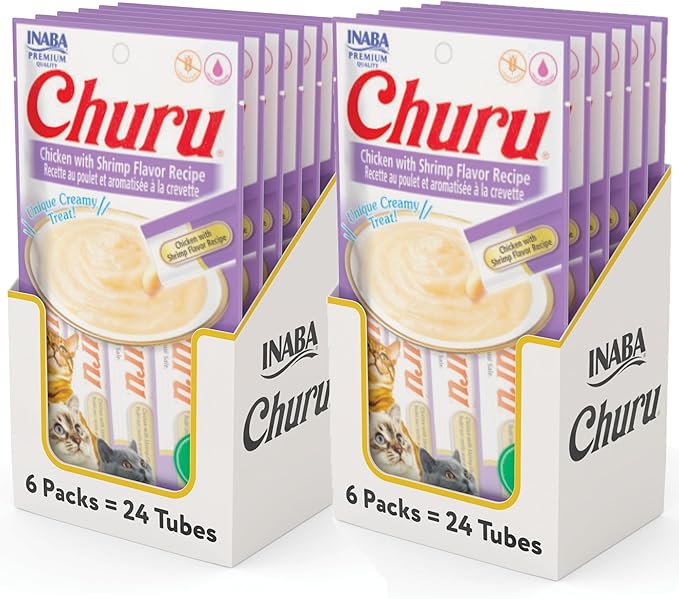 INABA Churu Cat Treats, Grain-Free, Lickable, Squeezable Creamy Purée Cat Treat/Topper with Vitamin E & Taurine, 0.5 Ounces Each Tube, 48 Tubes (4 per Pack), Chicken with Shrimp Recipe