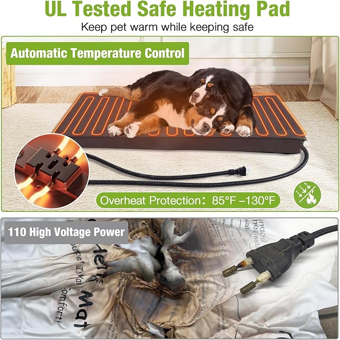 GUTINNEEN 44.6" L Extra Large Heated Dog House Outdoor Insulated Winter Dog Kennel with Thermostat-Controlled Heating Pad, Chew-Proof Metal Frame and 6-Sided Insulated Liner for Medium Dogs, Brown
