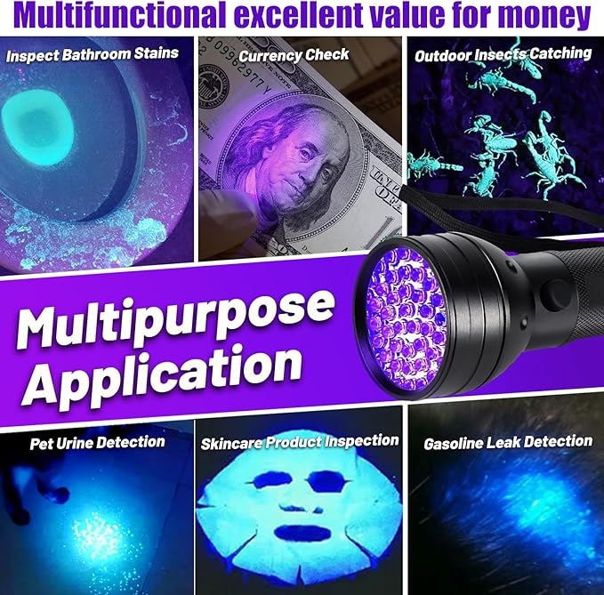 51 LED UV Black Light Flashlight, 395nm Portable Ultraviolet Pet Urine Detector for Dog Cat Stains, Bed Bugs, Scorpions, Resin Curing, Keychain Flashlight & Battery Included