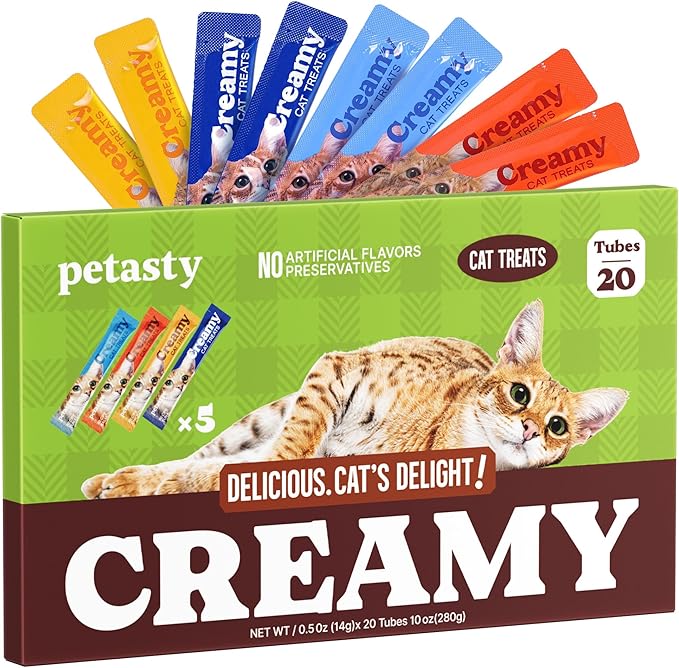 Lickable Cat Treats, High Moisture Hydrating Creamy Puree Squeeze Tubes, Variety Pack, 20 Tubes 0.5oz, Grain-Free, Omega Oils & Vitamin E, Skin & Coat Health, Digestive and Immune Support