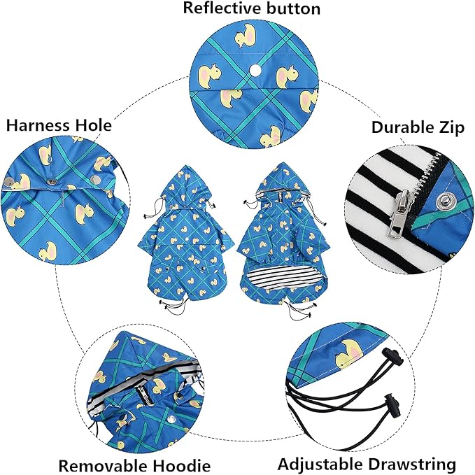Morezi Dog Zip Up Raincoat with Reflective Buttons, Rain/Water Resistant, Adjustable Drawstring, Removable Hood, Raincoats with Legs 8lbs to 80lbs Available - Grid Blue - Medium