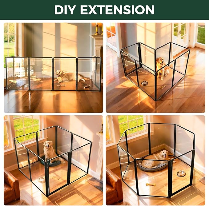 FXW AuraSpace Pro Metal & Acrylic Indoor Dog Playpen, All-Acrylic Clear Heavy-Duty Design, 40" Height 8 Panels for Medium and Large Dogs, Black│Patented