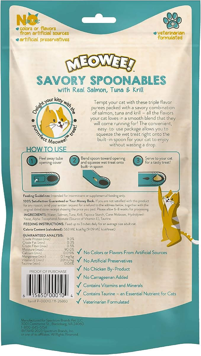 Savory Spoonables with Real Salmon, Tuna & Krill, 8 Count Tube, Triple Flavor Squeezable Lickable Wet Treats for Cats with Built-in Spoon for Less Mess (Pack of 2)