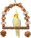 Natural Wood Bird Swing Toy for Parakeets Cockatiels, Parrot Hanging Perch with Chewing Pine Cones & Beak Grinding Pumice Stone, Bird Cage Accessories for Conure Lovebirds Budgies - Boredom Relief