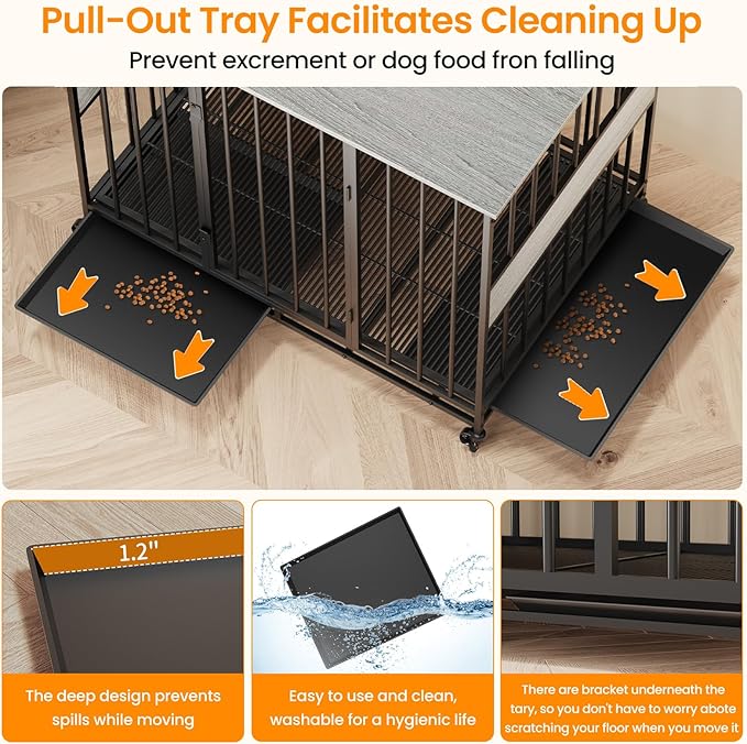 Dog Crate Furniture for Extra Large Dogs, 47 Inch Indoor Kennel, Wooden Pet Cage Decorative Corner End Table with Caster Wheels & Double Removable Tray, Greige