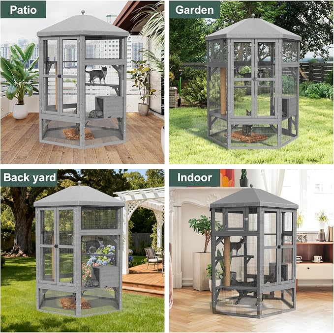 Catio Outdoor Cat Enclosure,Large Cat House Kitty Cage,Indoor Outdoor Cats Outside Patio for Cats with Window Access & Waterproof Roof, Multiple Platforms & Scratching Post, 65" Grey