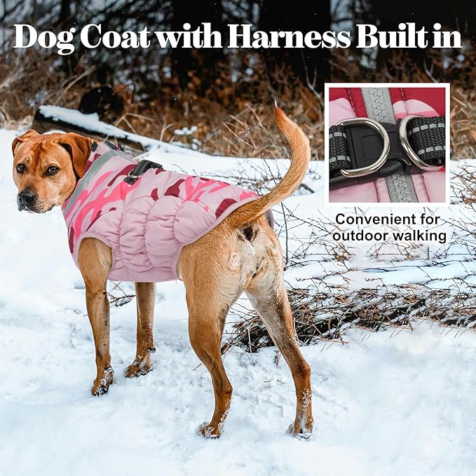 Lelepet Warm Dog Winter Coat Dog Coats for Large Dogs Waterproof Dogs Jacket with Harness Built in Reflective Cold Weather Coats Windproof Zip-Up Winter Fleece Vest Snowsuit Boxer Pink Camo XL