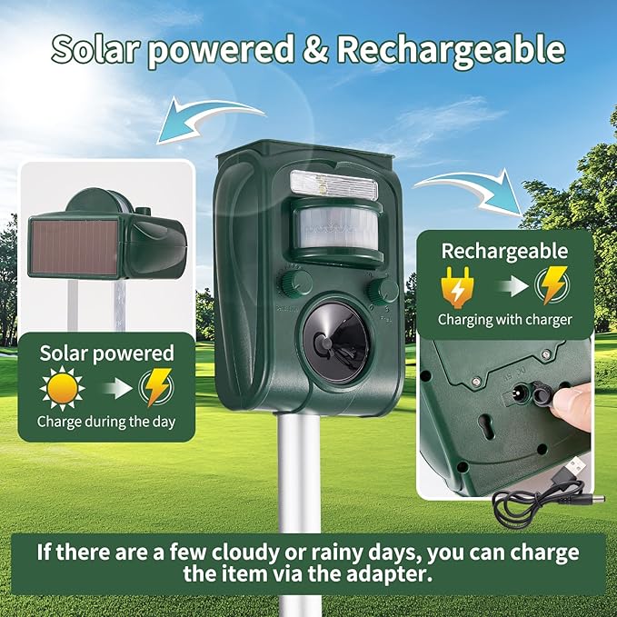Deer Repellent Devices, Ultrasonic Solar Squirrel Repellen Outdoor, Animal Repellent 5 Adjustable Modes, Raccoon Deterrent, Rabbit Cat Dog Repellent with Motion Sensor for Yard