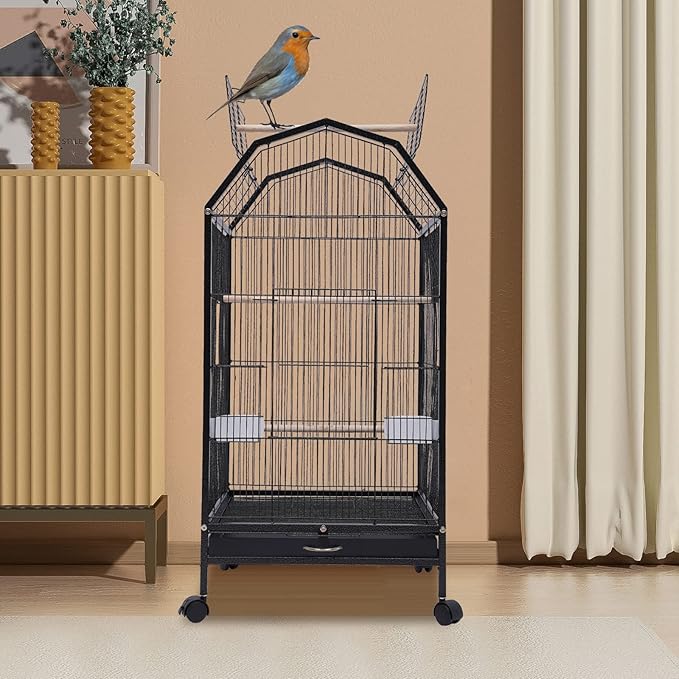 Parakeet Bird Cage with Stand, 39.9-Inch Large Bird Cages with 4 Universal Wheels and 2 Feeding Cups, Finch Bird Pet Bird Flight Cages, 360° Full Hollow Bird Cage for Cockatiel Conure Macaw Budgie