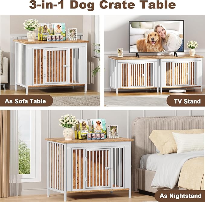 EasyCom Dog Crate Furniture for 1 or 2 Dogs, Heavy Duty Single/Double Dog Crates for Small/Medium/Large Dogs, Dog Kennel Furniture Indoor as TV Stand, Large Size 39.96" L(35-60 Pounds), White