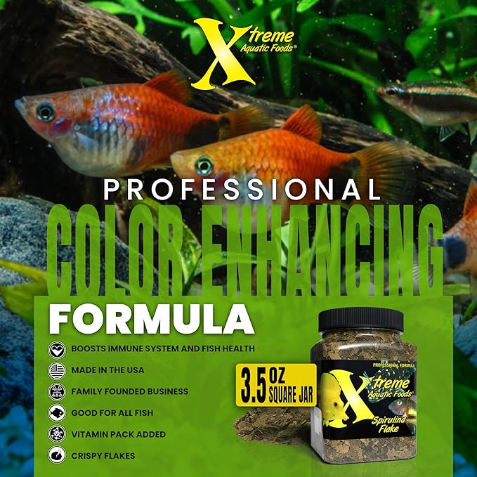 Xtreme Spirulina Flakes - Balanced Herbivorous Diet for Tropical and Marine Fish, Enhanced Health, Vibrant Colors - USA Farm Grown - Ideal for Cichlids, Barbs, Tetras and Guppies (3.5oz)